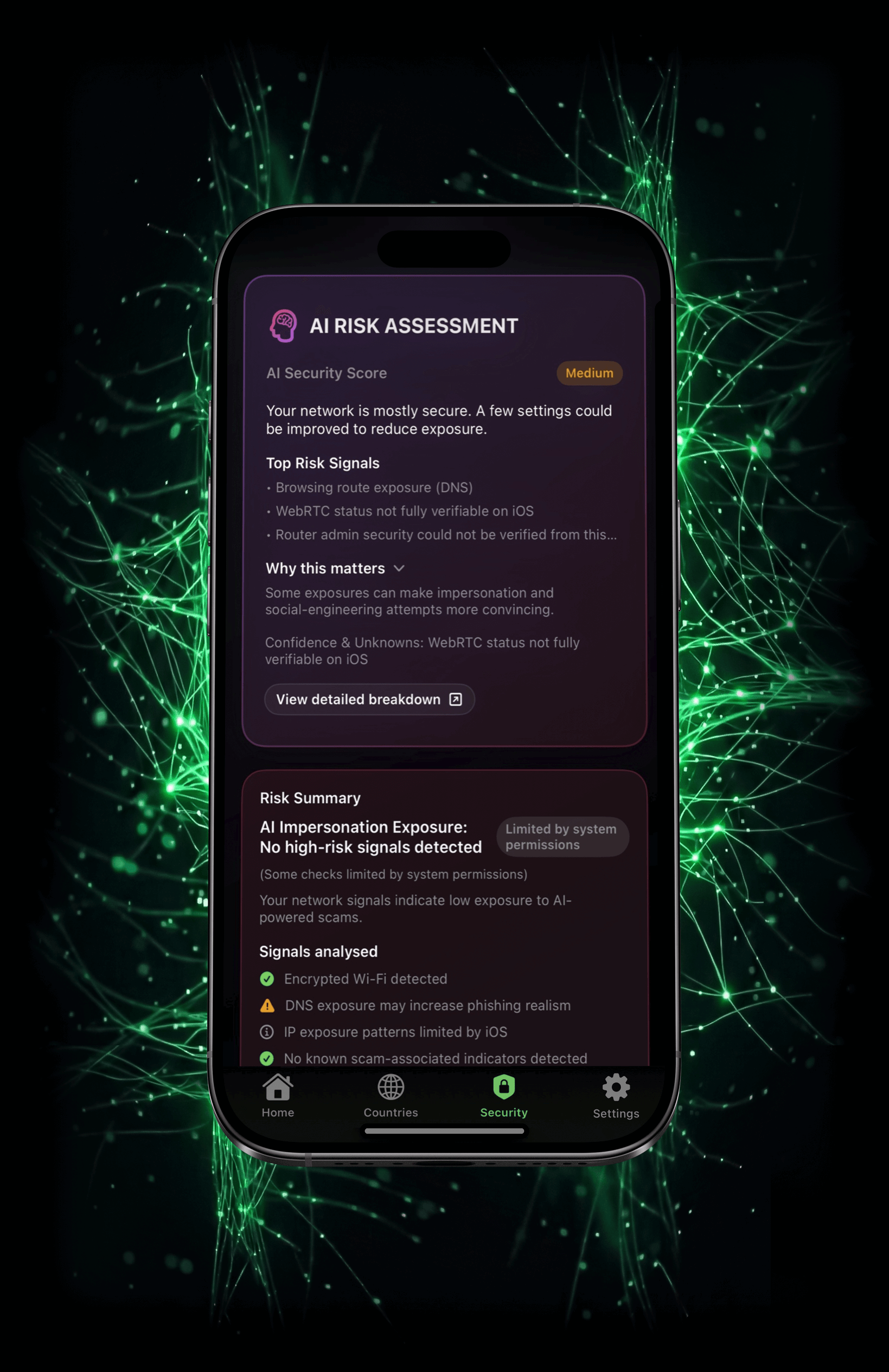 CyberShield VPN AI Risk Assessment screen showing privacy-safe network insights running locally on iOS